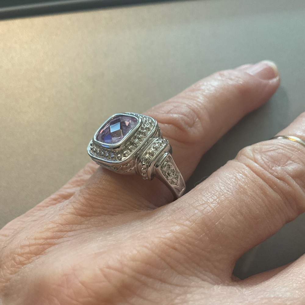 Silver Simulated Amethyst Statement Ring - Size 8… - image 6